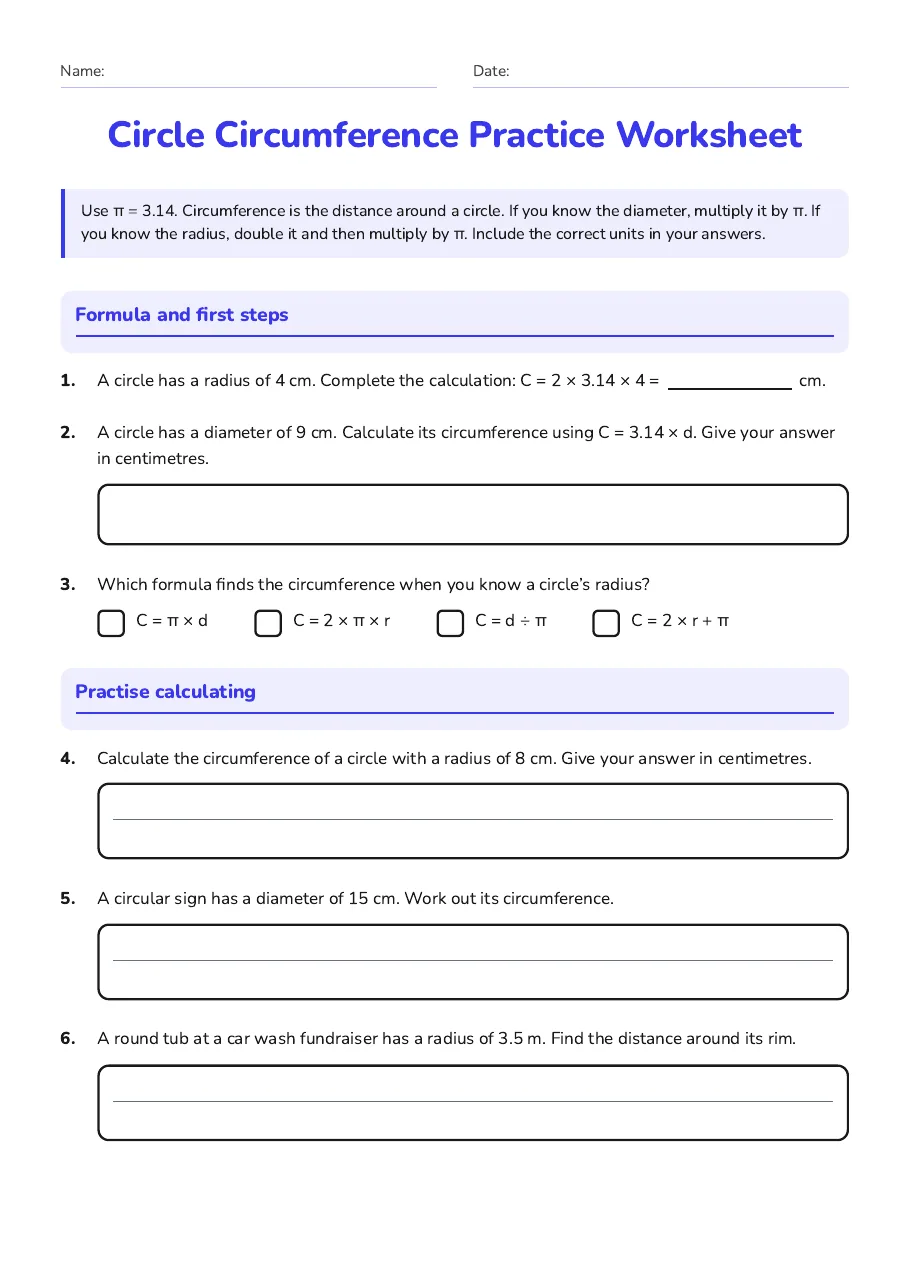 Circle circumference formula practice with radius, diameter and calculation questions.