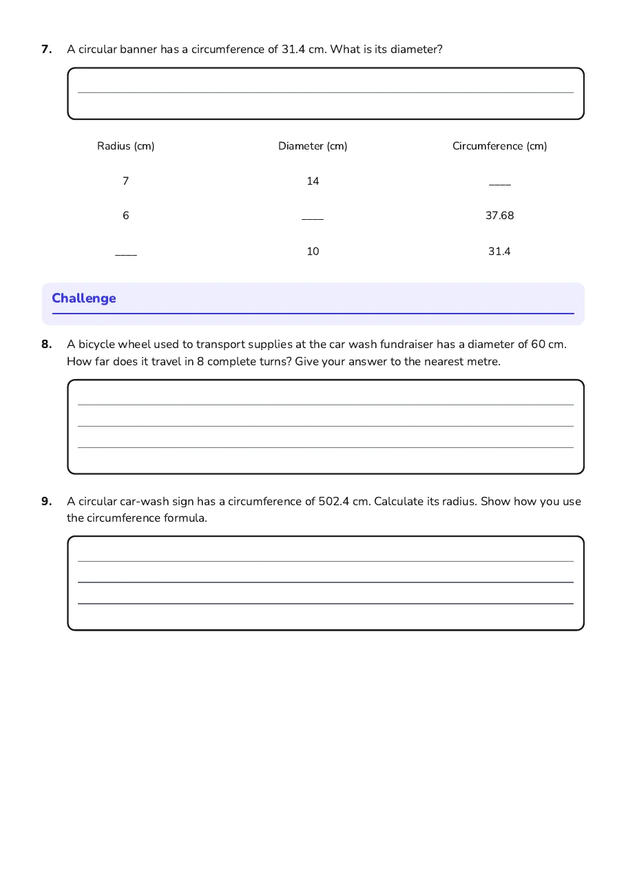 Circumference calculations, a measurement table and car wash fundraiser challenges.