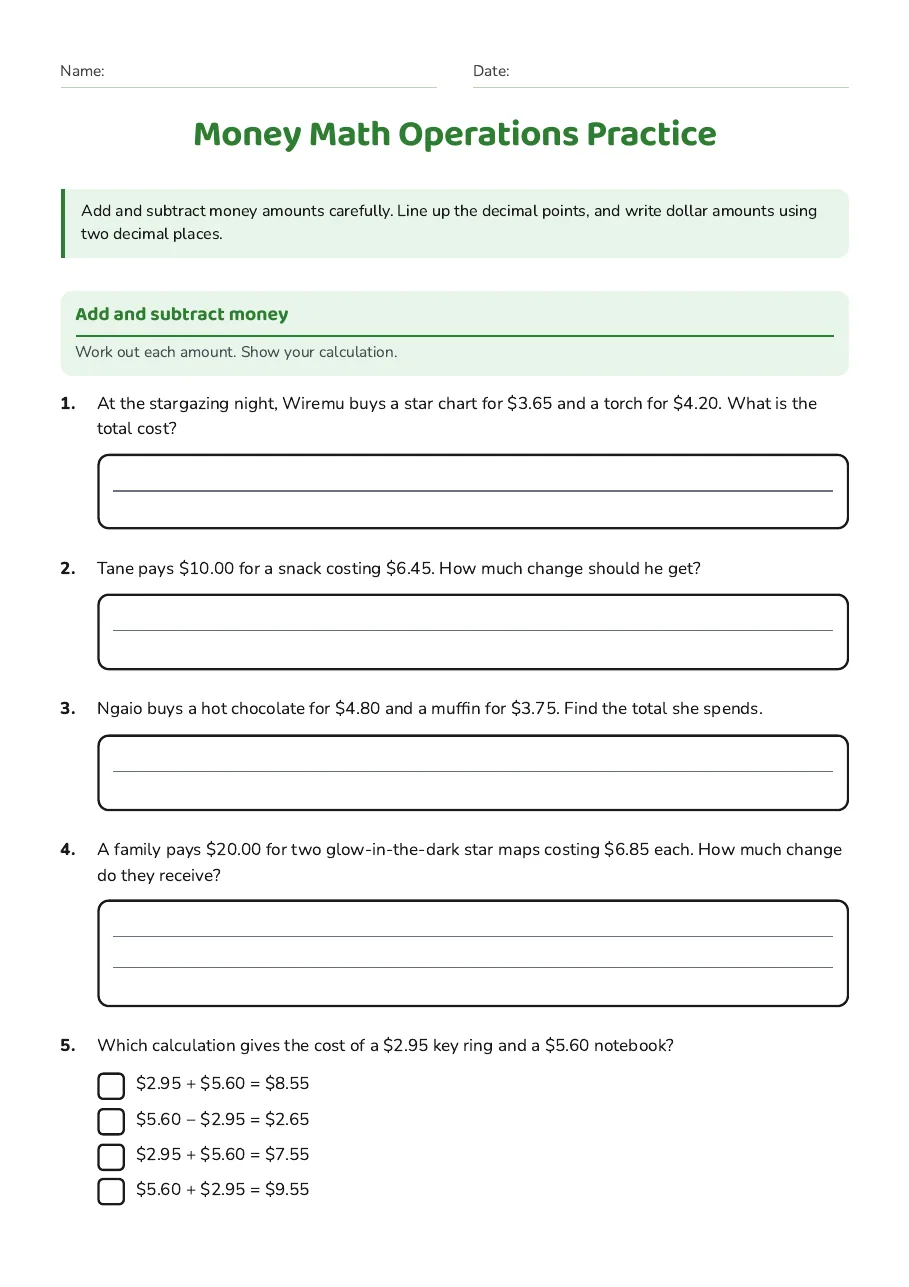 A stargazing-night illustration and money addition and change questions.