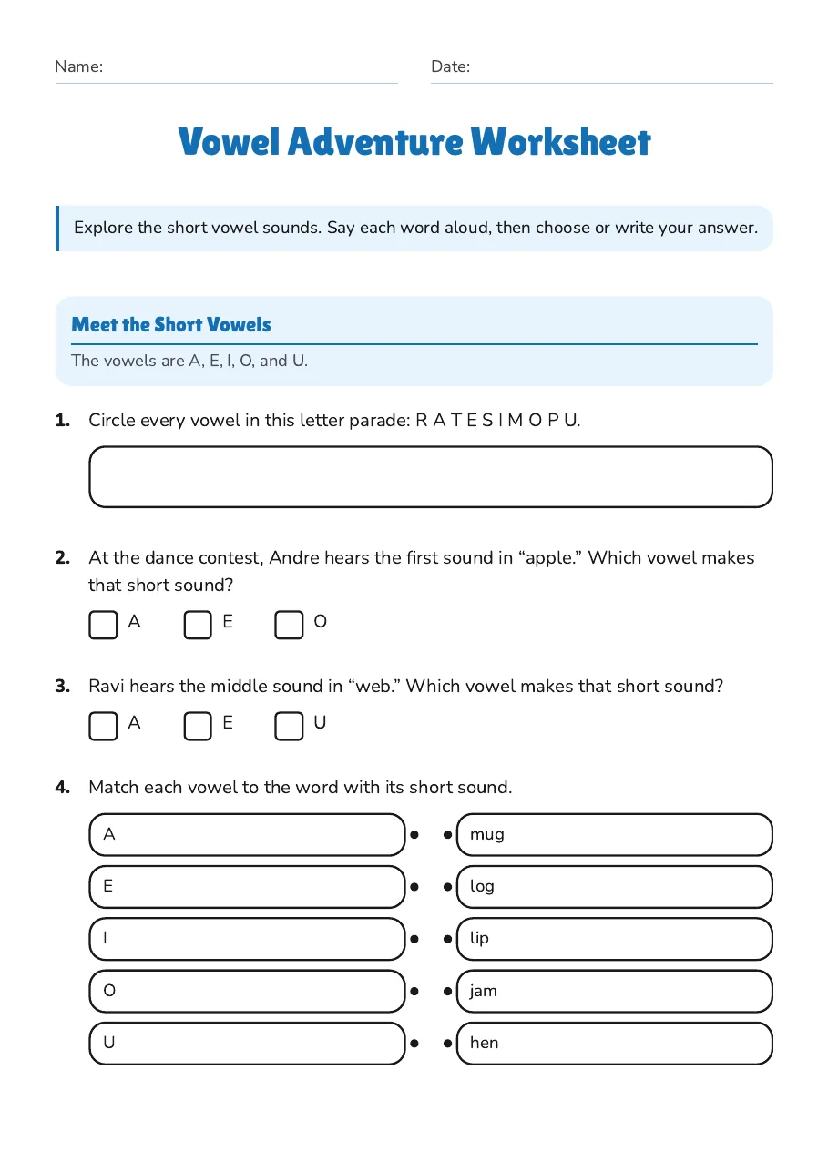 Vowel Adventure Worksheet, page 1 of 3: Meet the Short Vowels