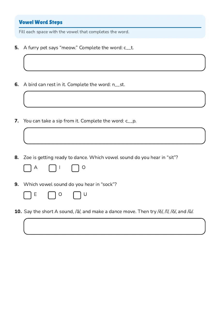 Vowel Adventure Worksheet, page 2 of 3: Vowel Word Steps