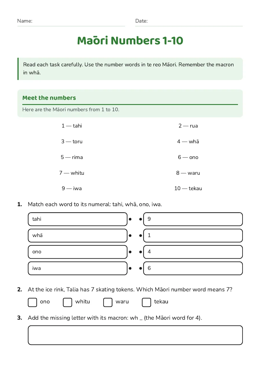 Māori Numbers 1-10, page 1 of 2: Meet the numbers