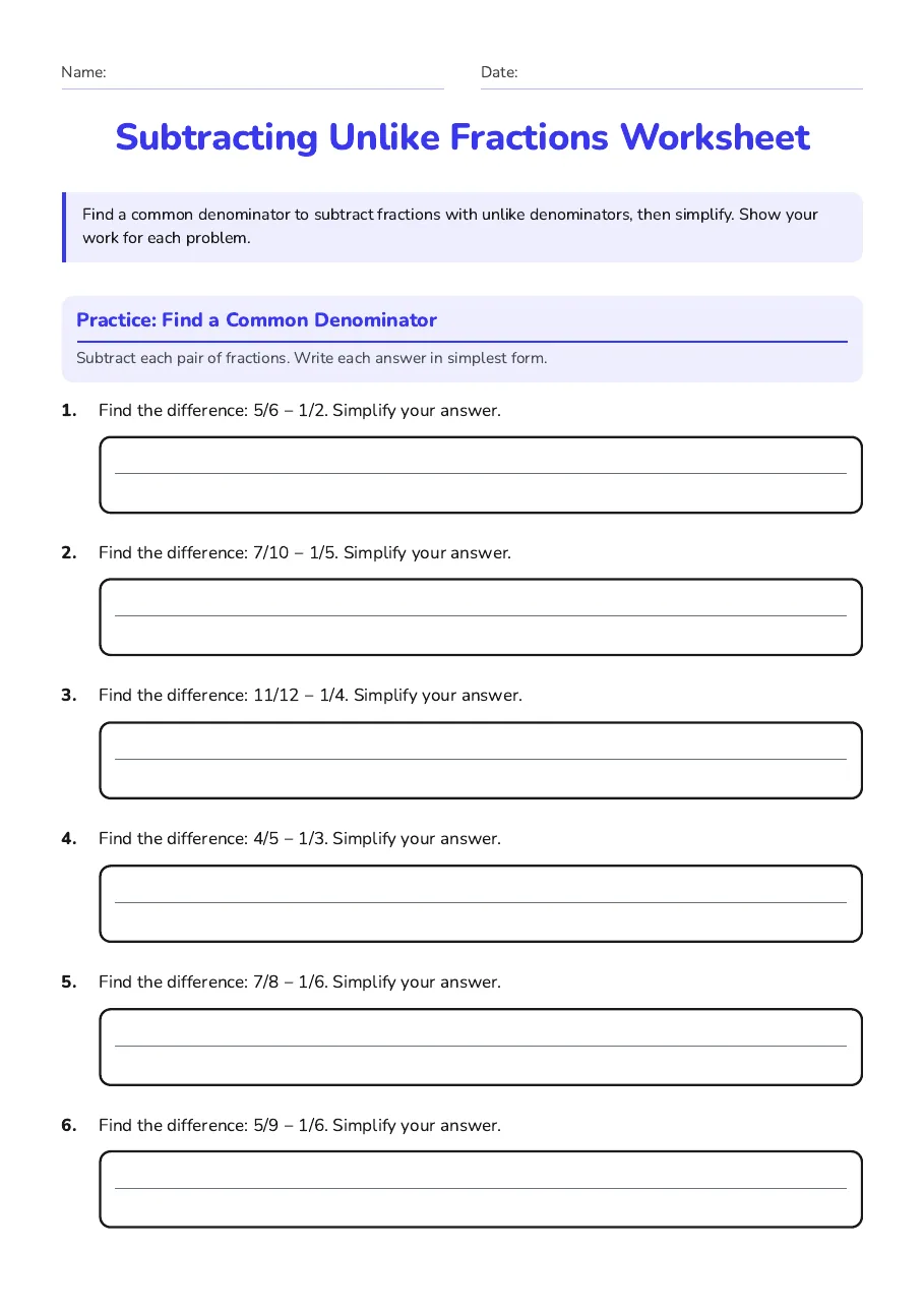 Subtracting Unlike Fractions Worksheet, page 1 of 2: Practice: Find a Common Denominator