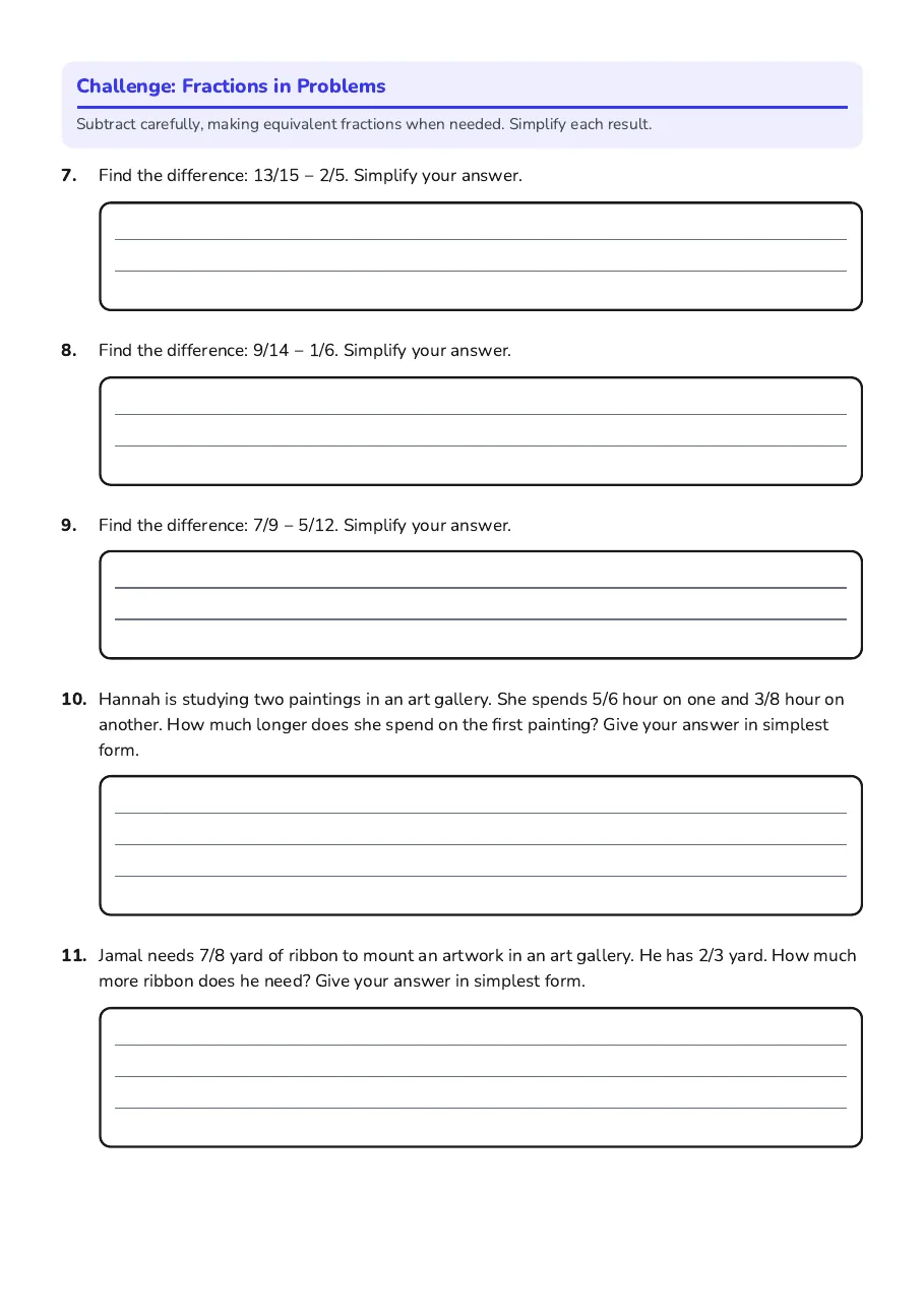 Subtracting Unlike Fractions Worksheet, page 2 of 2: Challenge: Fractions in Problems