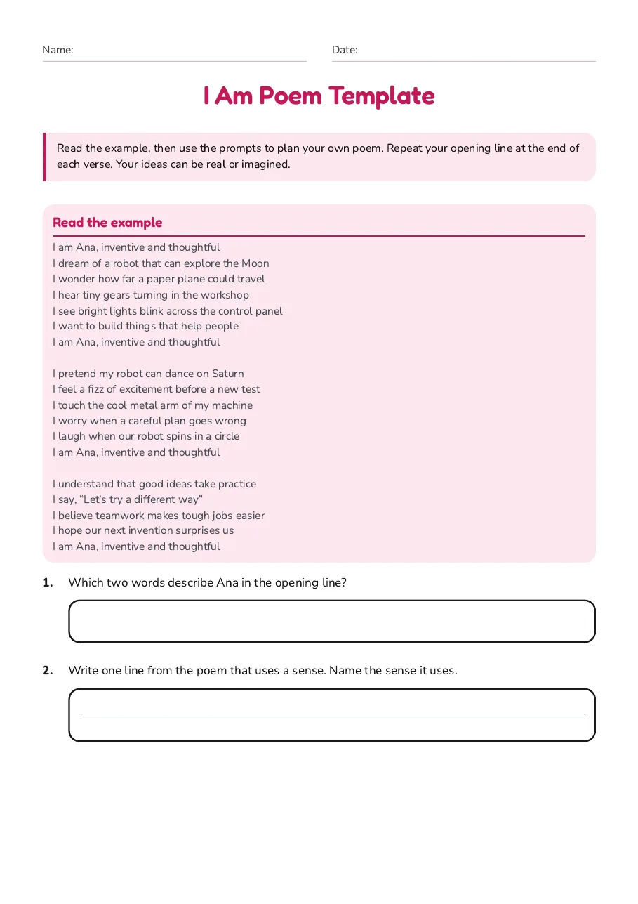 I Am Poem Template, page 1 of 3: Read the example