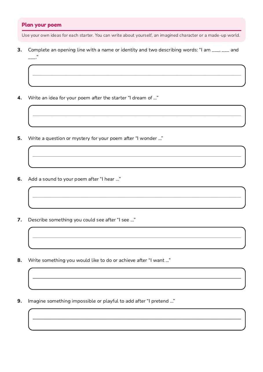 I Am Poem Template, page 2 of 3: Plan your poem