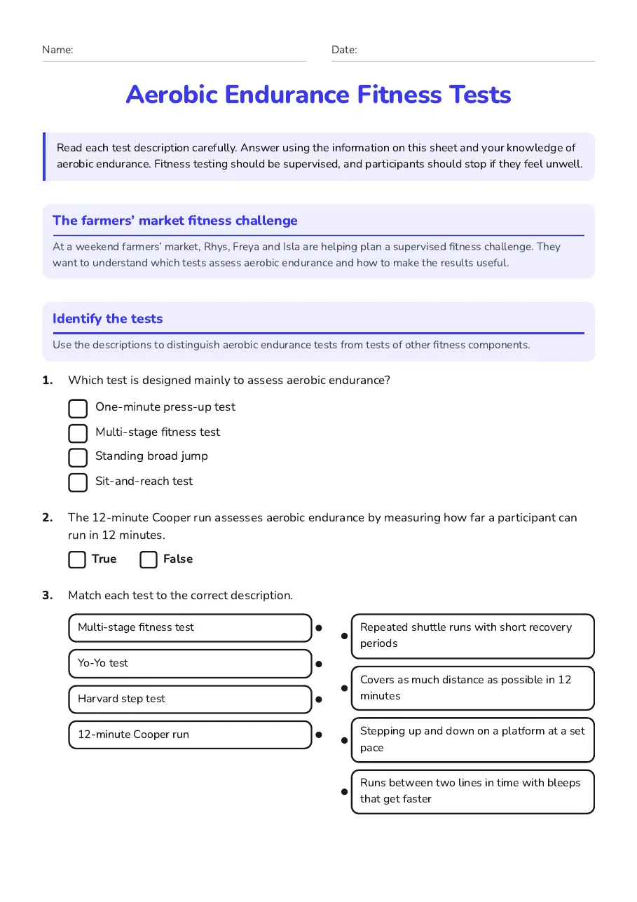 Aerobic Endurance Fitness Tests, page 1 of 3: The farmers’ market fitness challenge, Identify the tests