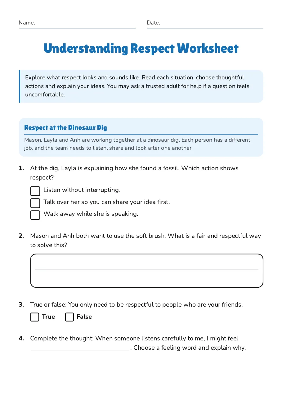 Understanding Respect Worksheet, page 1 of 3: Respect at the Dinosaur Dig
