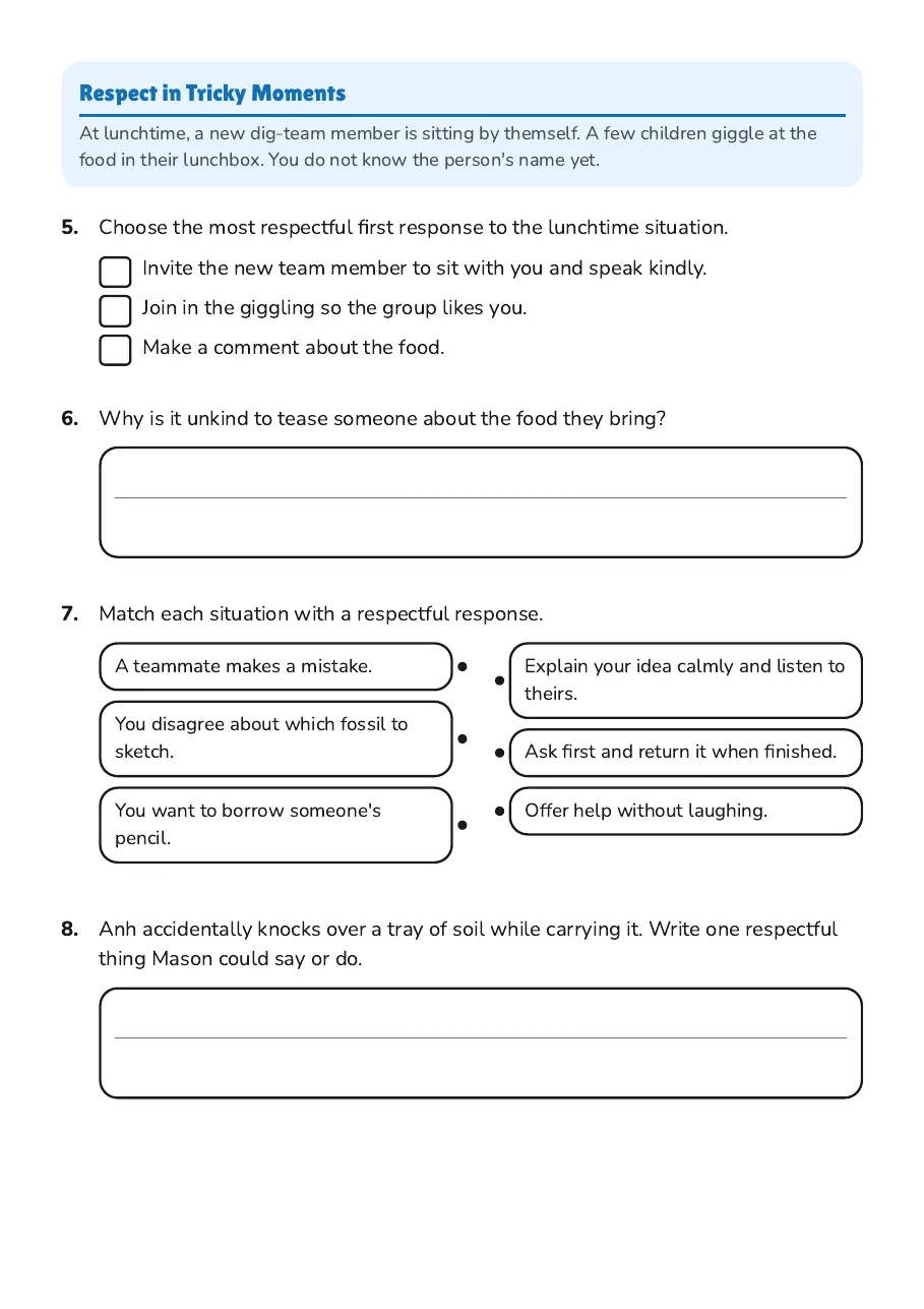 Understanding Respect Worksheet, page 2 of 3: Respect in Tricky Moments