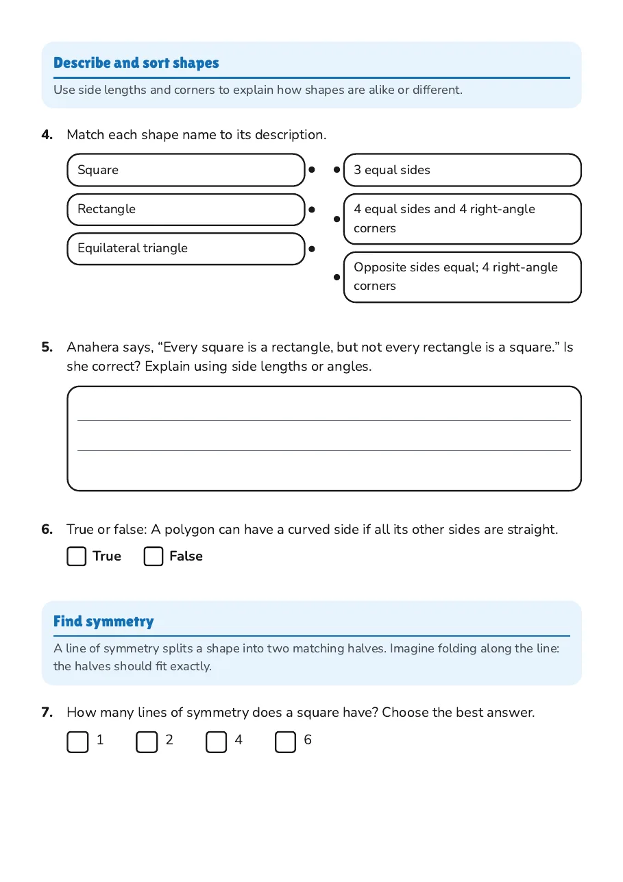 Polygon Properties and Symmetry, page 2 of 4: Describe and sort shapes, Find symmetry
