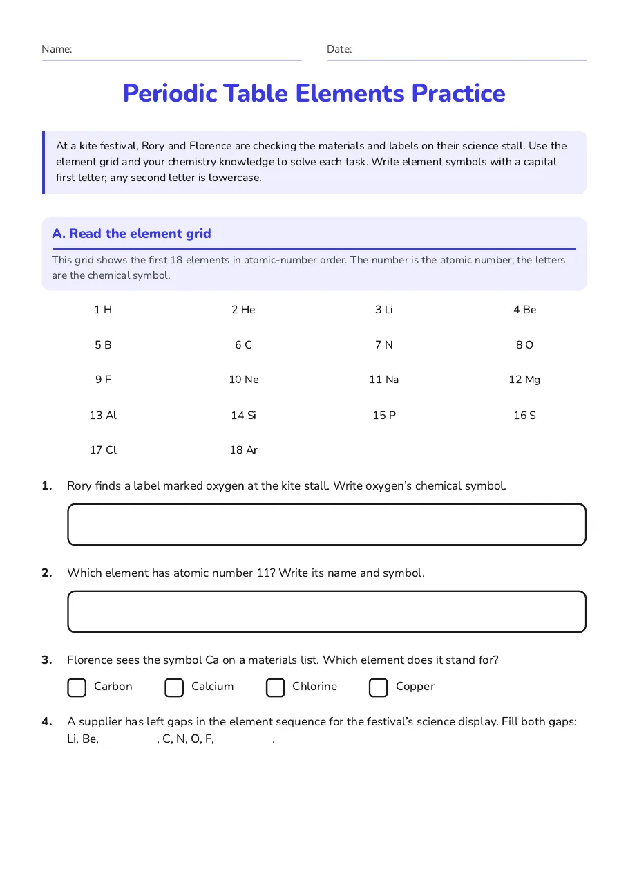 Periodic Table Elements Practice, page 1 of 3: A. Read the element grid