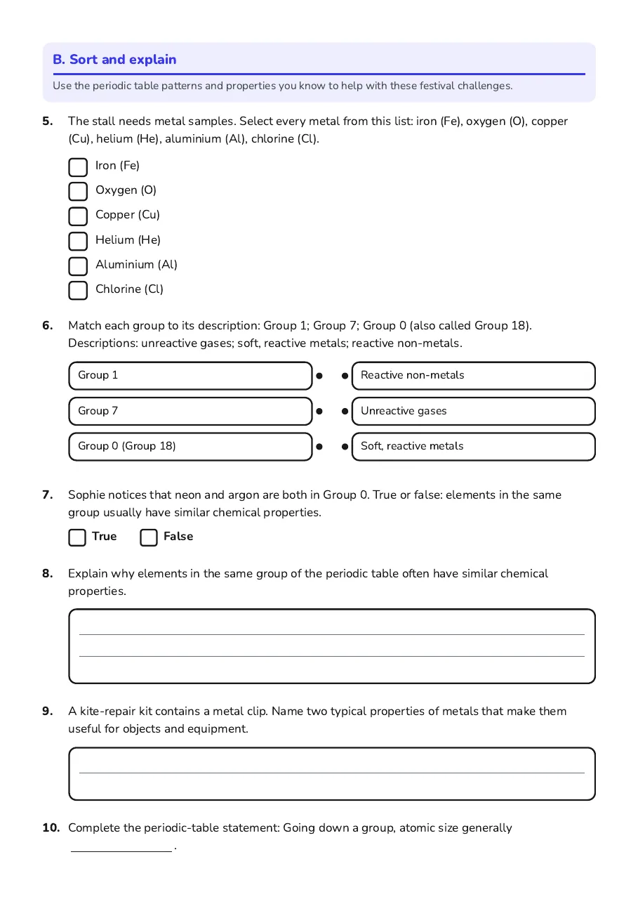 Periodic Table Elements Practice, page 2 of 3: B. Sort and explain