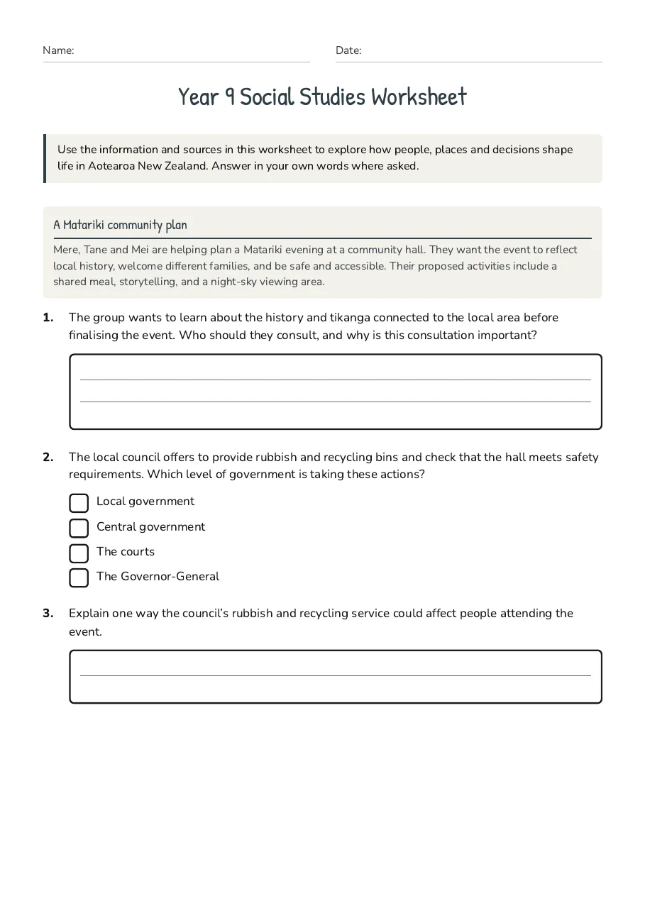 Year 9 Social Studies Worksheet, page 1 of 3: A Matariki community plan