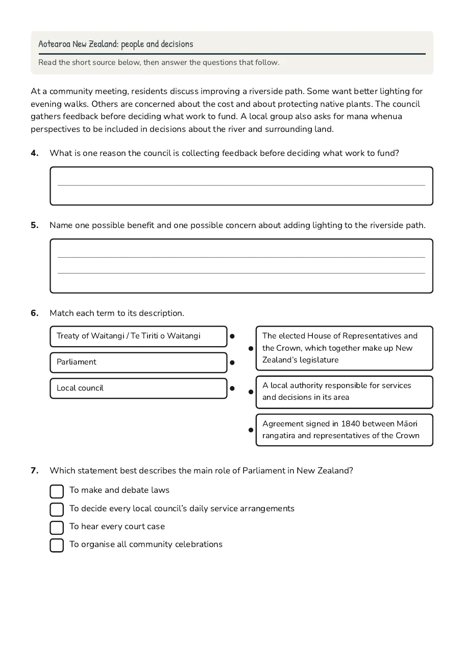 Year 9 Social Studies Worksheet, page 2 of 3: Aotearoa New Zealand: people and decisions