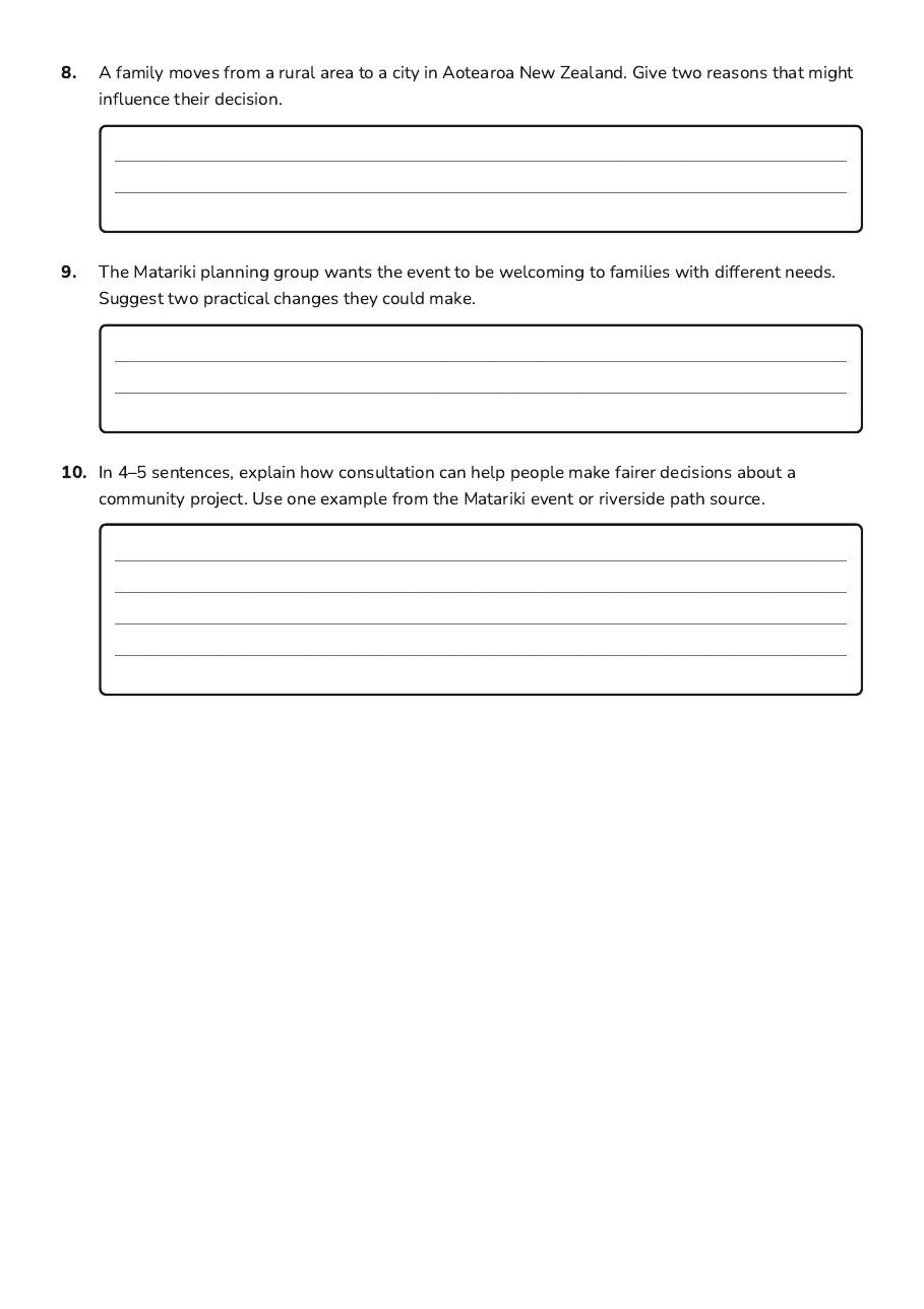 Year 9 Social Studies Worksheet, page 3 of 3: 8. A family moves from a rural area to a city in Aotearoa New Zealand. Give two reasons…