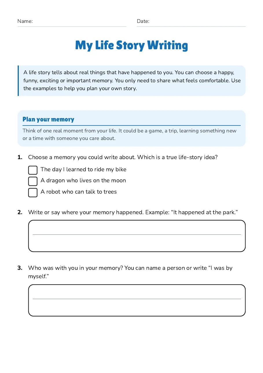 My Life Story Writing, page 1 of 3: Plan your memory