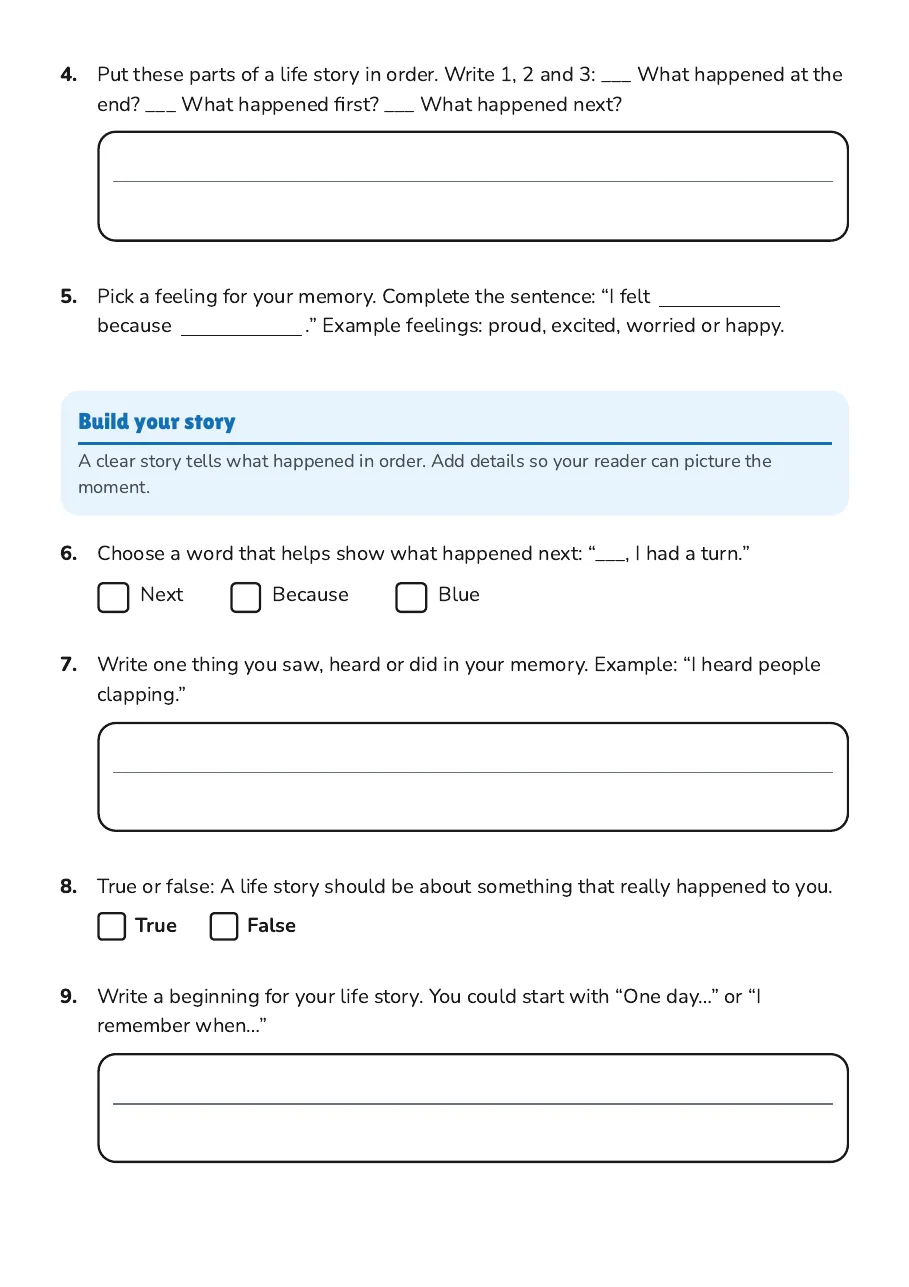 My Life Story Writing, page 2 of 3: Build your story