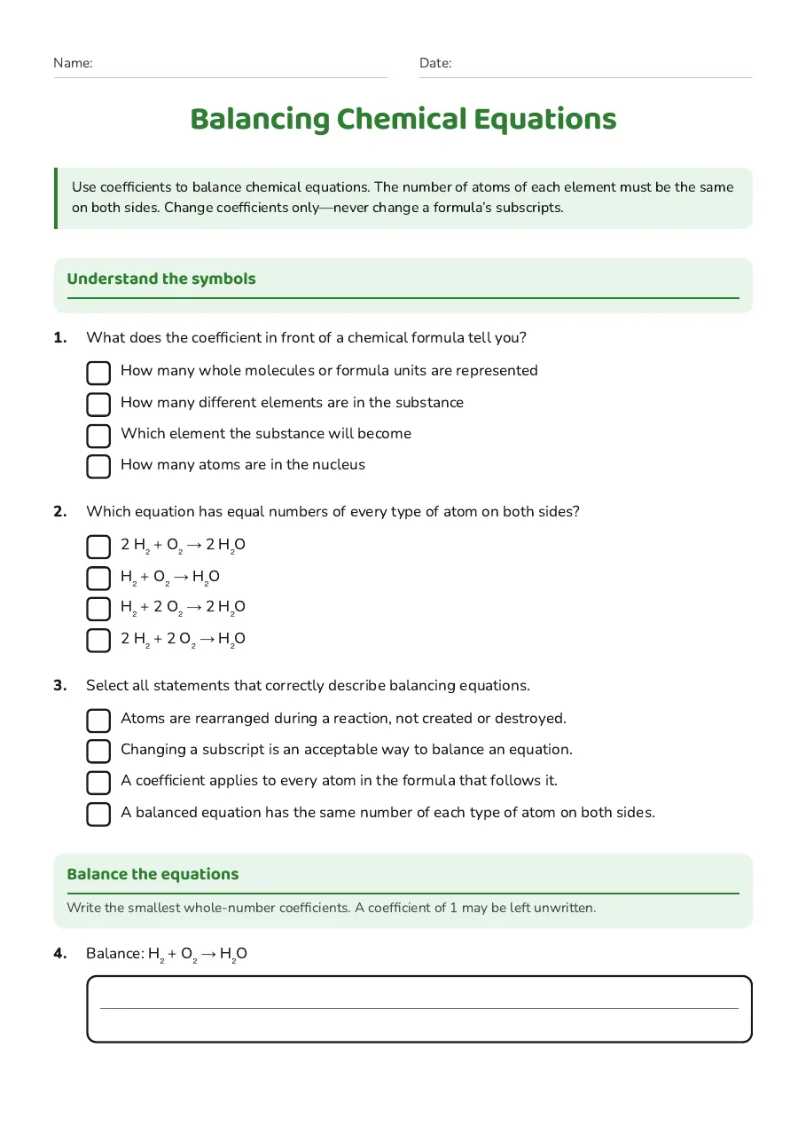 Balancing Chemical Equations, page 1 of 2: Understand the symbols, Balance the equations