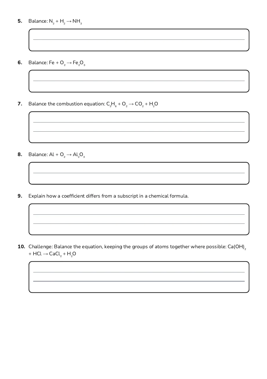 Balancing Chemical Equations, page 2 of 2: 5. Balance: N₂ + H₂ → NH₃