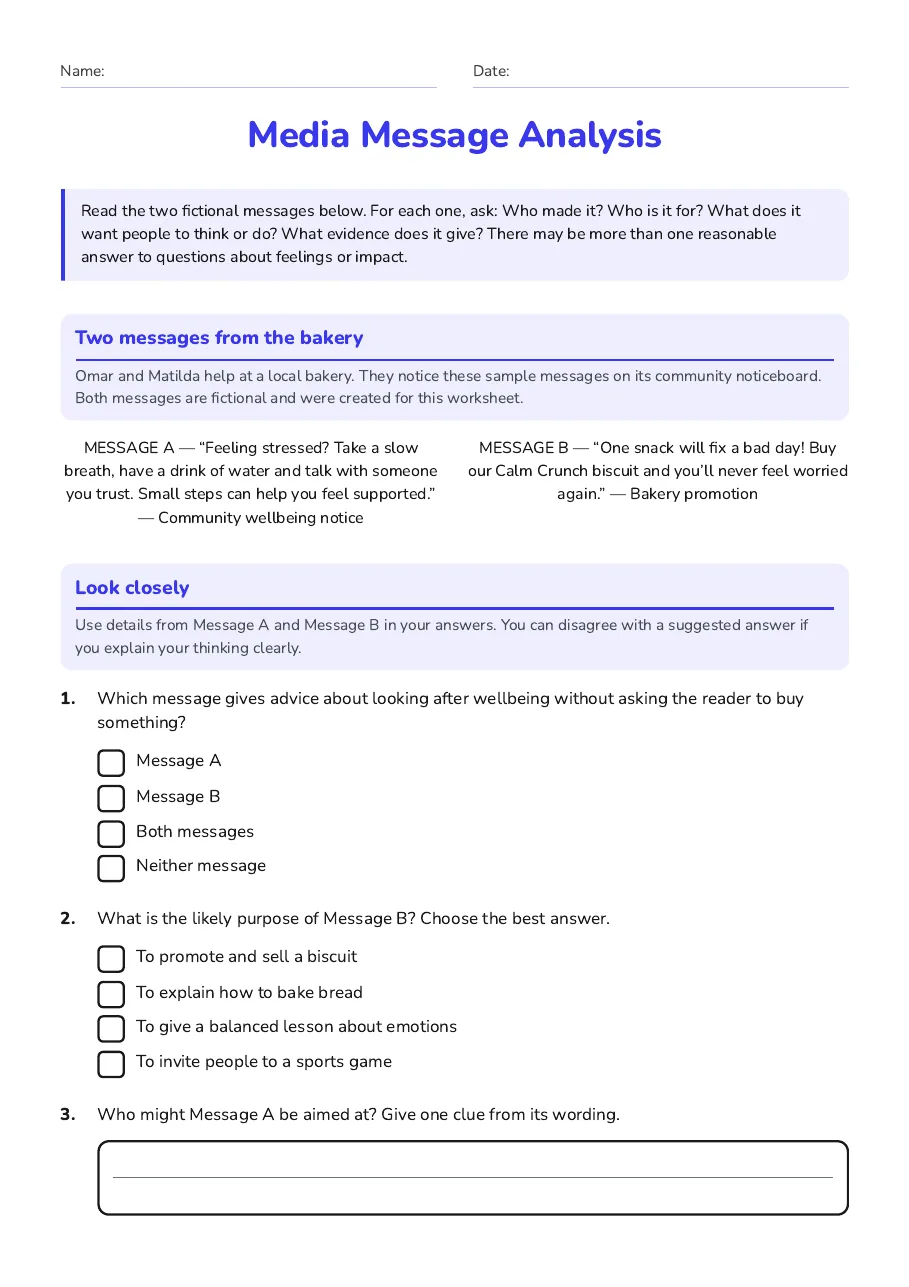 Media Message Analysis, page 1 of 3: Two messages from the bakery, Look closely