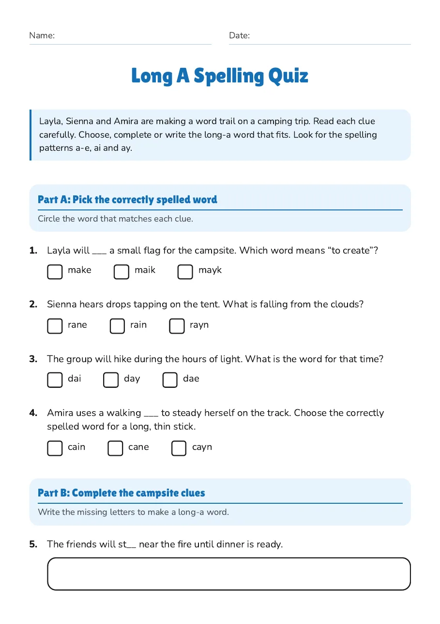 Long A Spelling Quiz, page 1 of 2: Part A: Pick the correctly spelled word, Part B: Complete the campsite clues