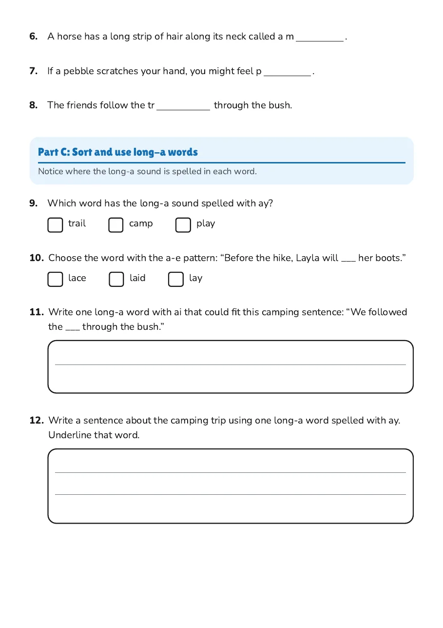 Long A Spelling Quiz, page 2 of 2: Part C: Sort and use long-a words