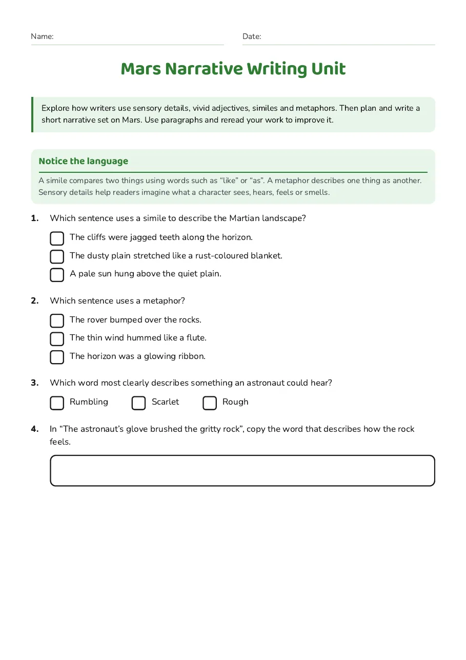 Mars Narrative Writing Unit, page 1 of 3: Notice the language