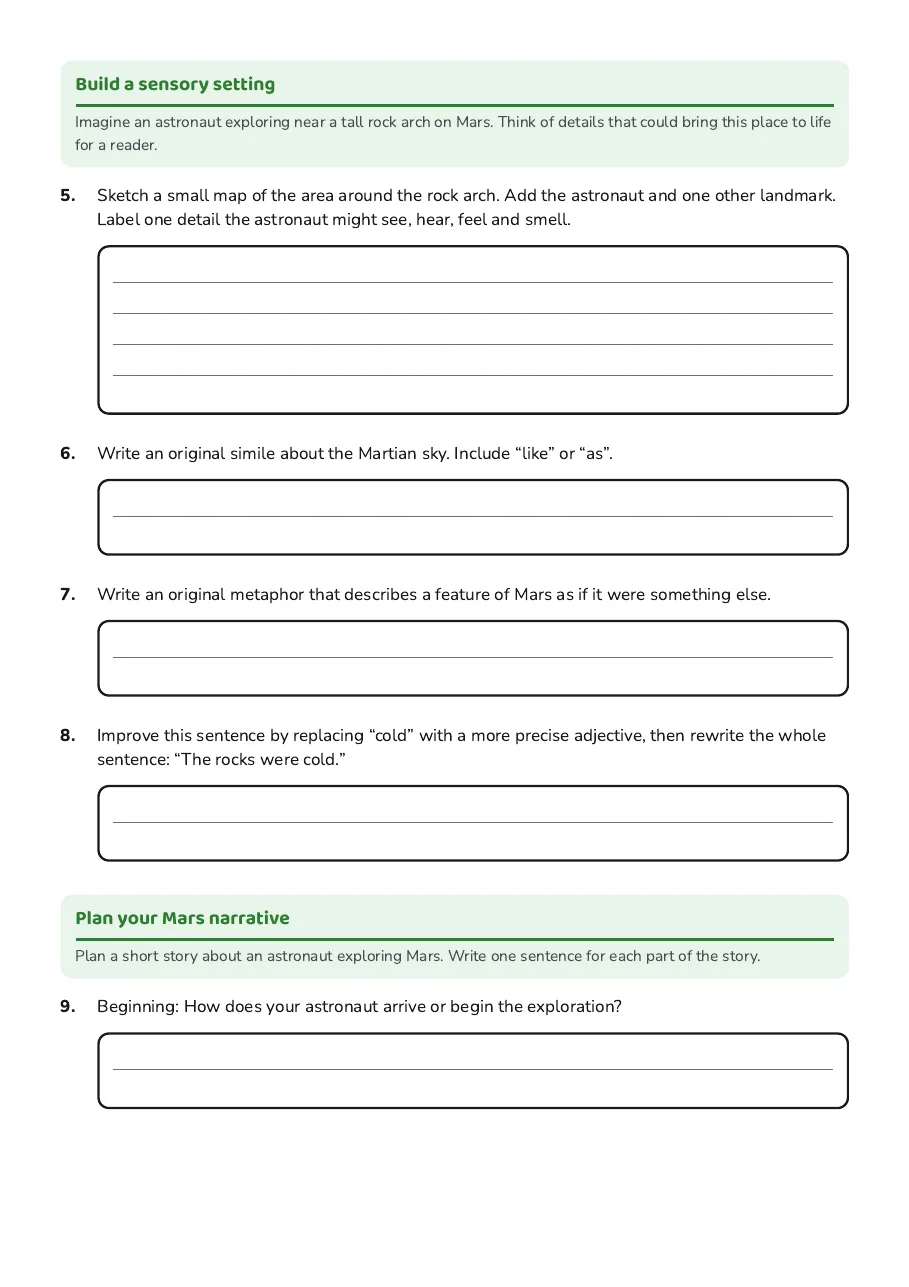 Mars Narrative Writing Unit, page 2 of 3: Build a sensory setting, Plan your Mars narrative