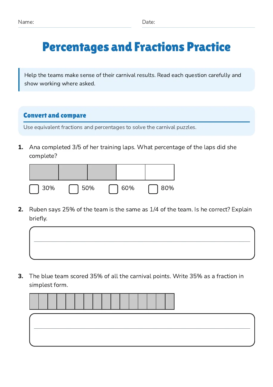 Percentages and Fractions Practice, page 1 of 3: Convert and compare
