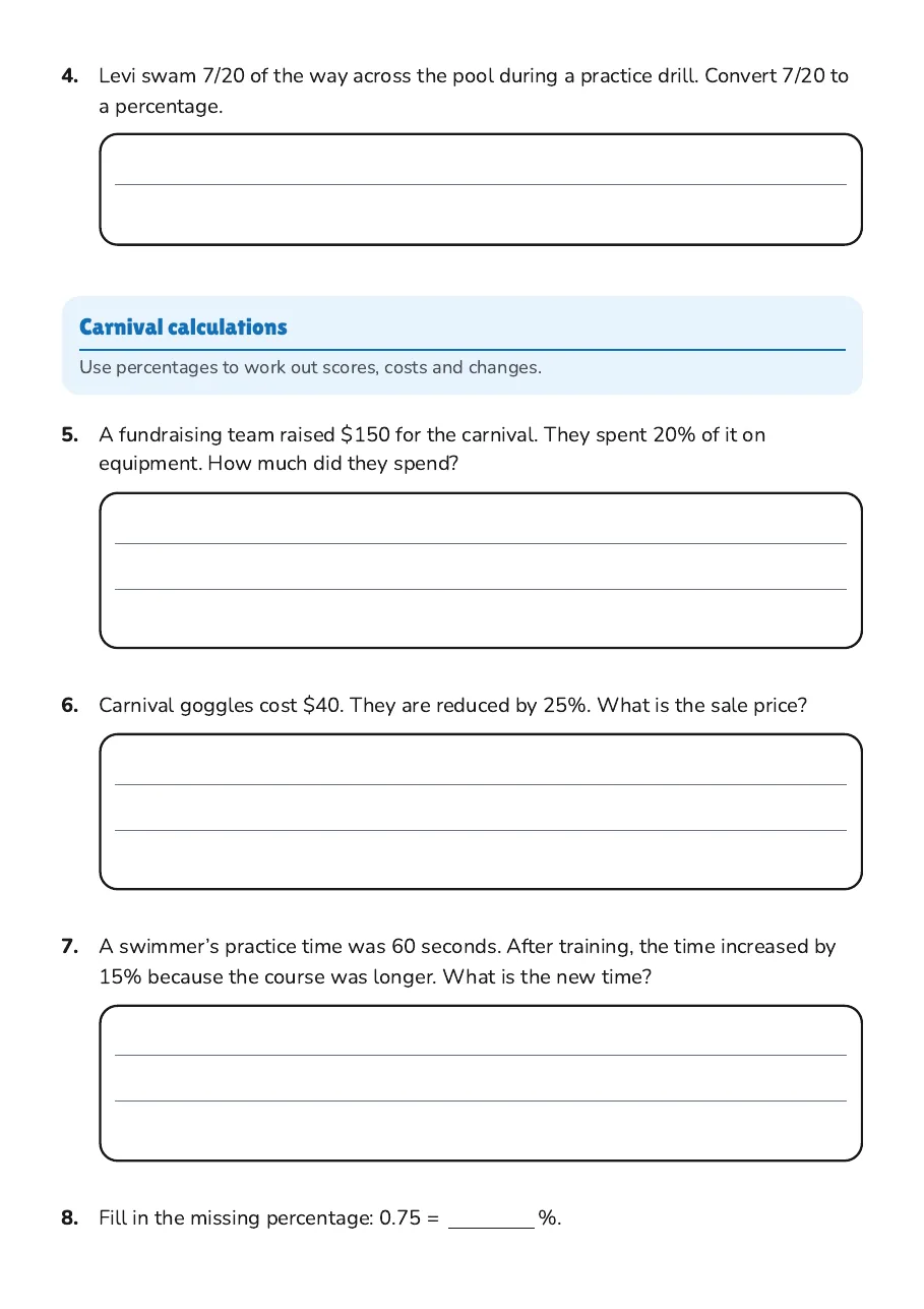 Percentages and Fractions Practice, page 2 of 3: Carnival calculations