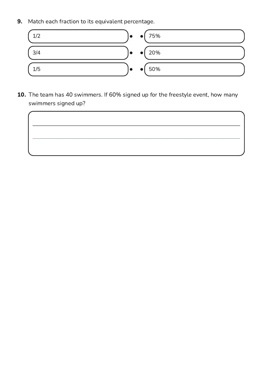 Percentages and Fractions Practice, page 3 of 3: 9. Match each fraction to its equivalent percentage.