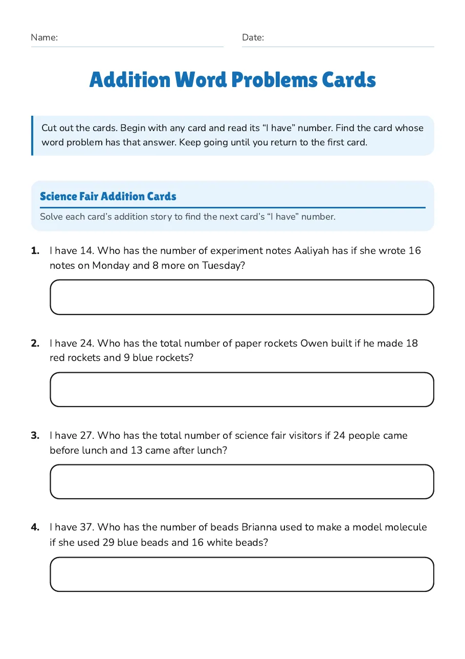 Addition Word Problems Cards, page 1 of 3: Science Fair Addition Cards