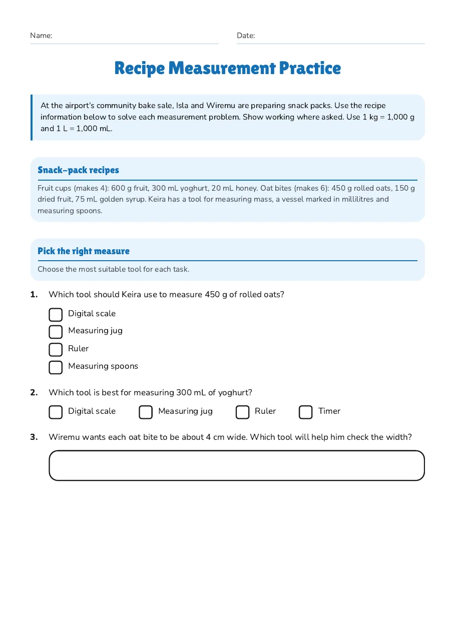 Recipe Measurement Practice, page 1 of 3: Snack-pack recipes, Pick the right measure