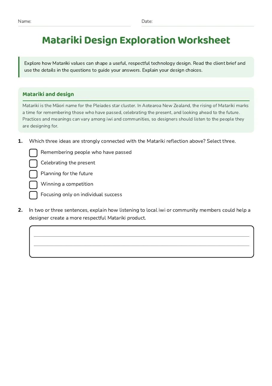Matariki Design Exploration Worksheet, page 1 of 3: Matariki and design