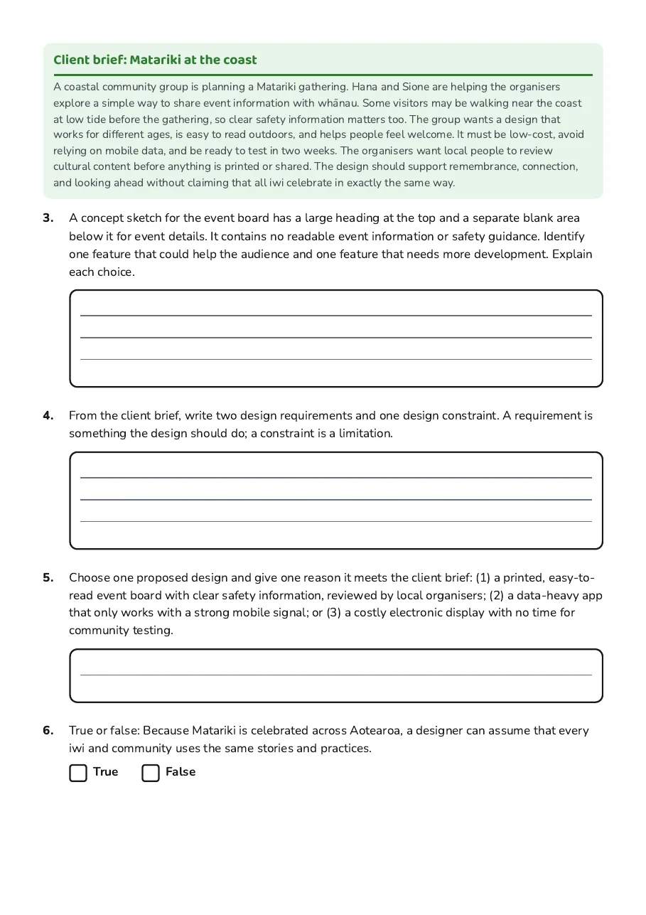 Matariki Design Exploration Worksheet, page 2 of 3: Client brief: Matariki at the coast