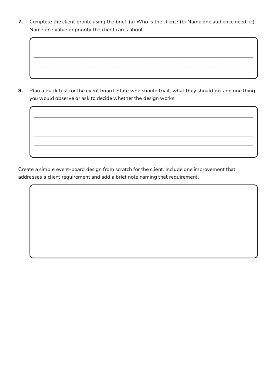 Matariki Design Exploration Worksheet, page 3 of 3: 7. Complete the client profile using the brief: (a) Who is the client? (b) Name one…