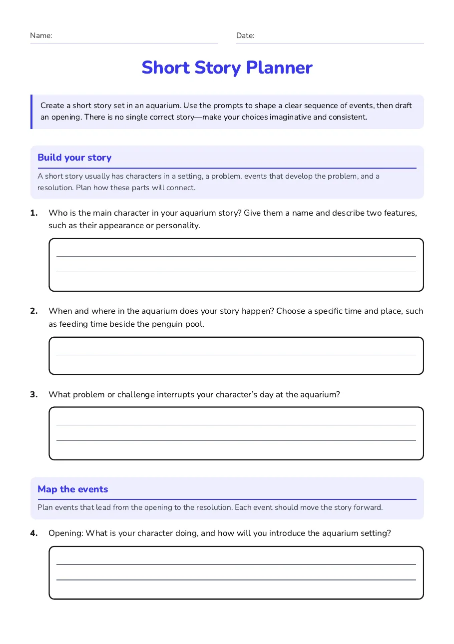 Short Story Planner, page 1 of 3: Build your story, Map the events