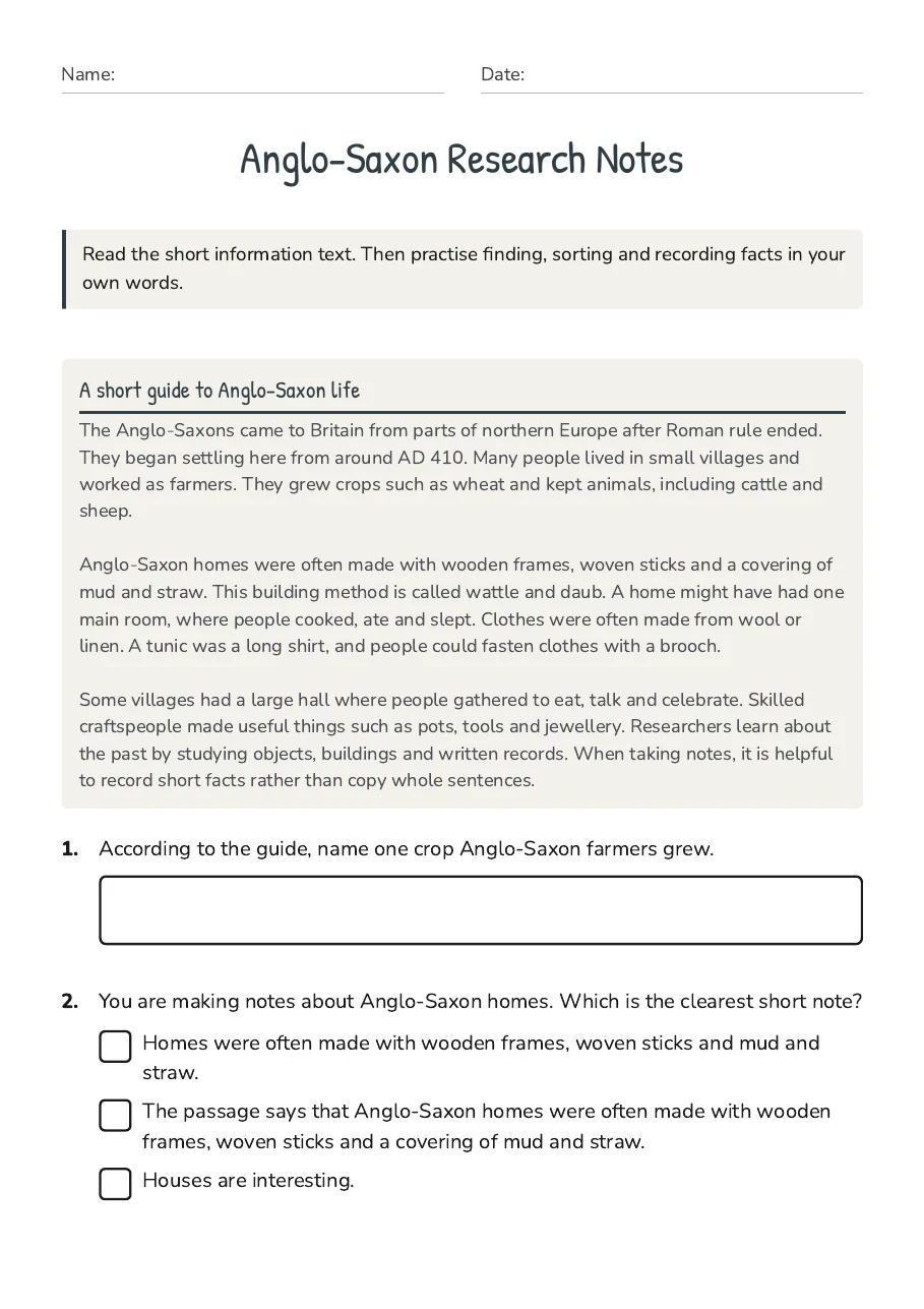 Anglo-Saxon Research Notes, page 1 of 3: A short guide to Anglo-Saxon life