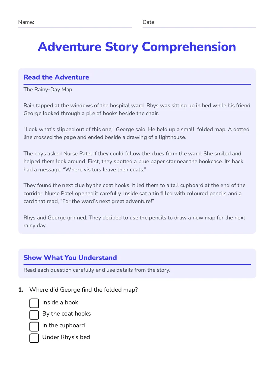 Adventure Story Comprehension, page 1 of 2: Read the Adventure, Show What You Understand