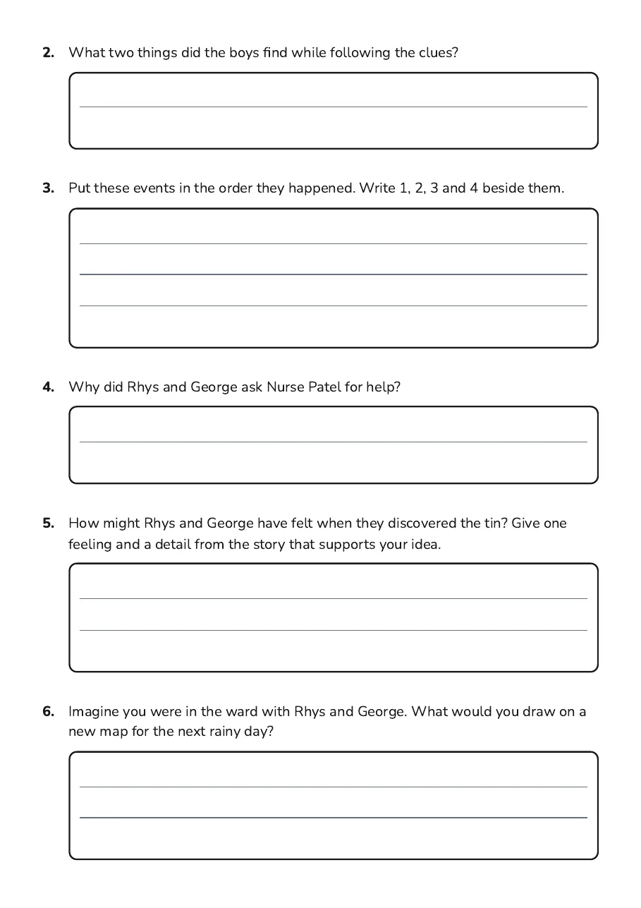 Adventure Story Comprehension, page 2 of 2: 2. What two things did the boys find while following the clues?