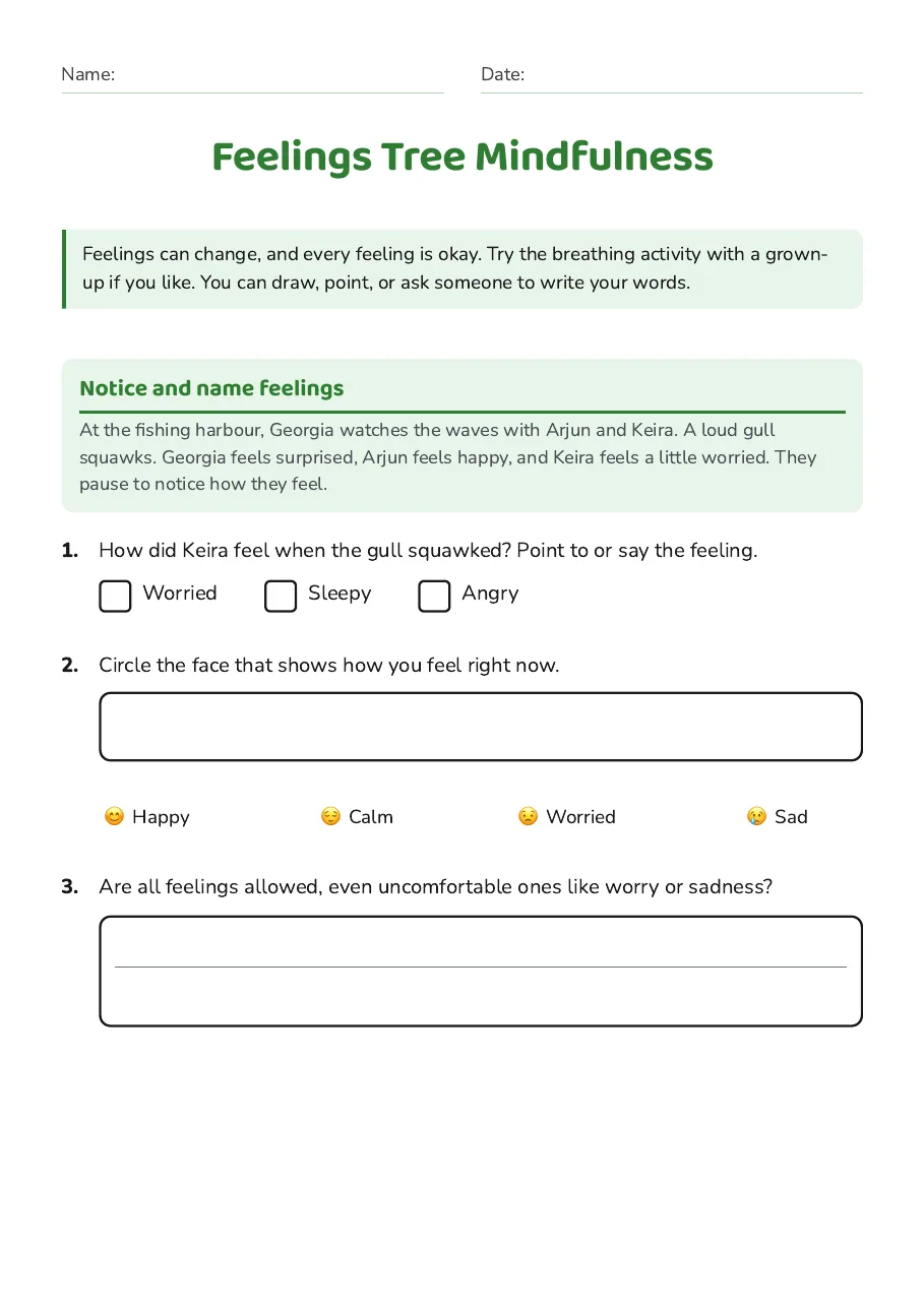 Feelings Tree Mindfulness, page 1 of 3: Notice and name feelings