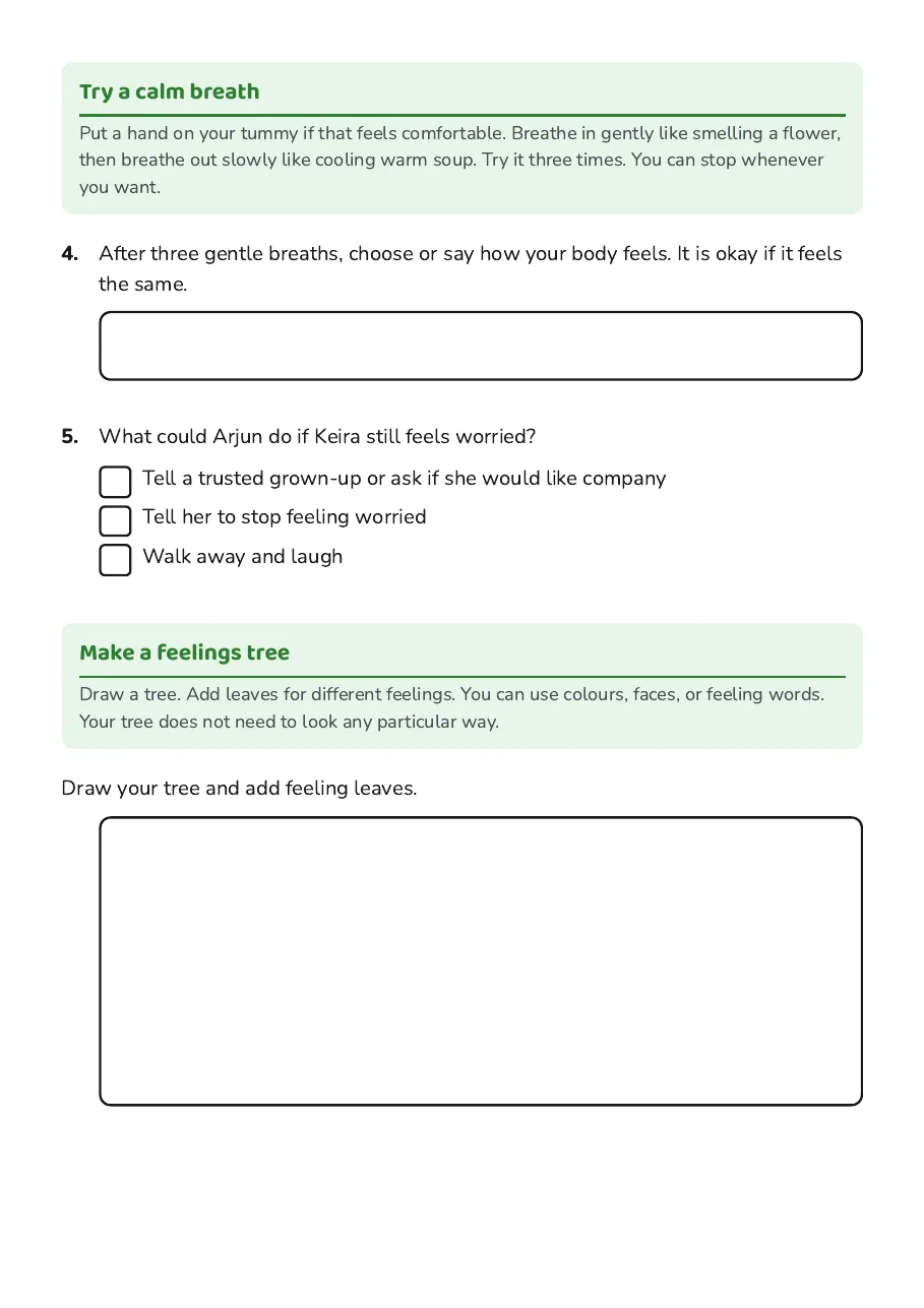 Feelings Tree Mindfulness, page 2 of 3: Try a calm breath, Make a feelings tree