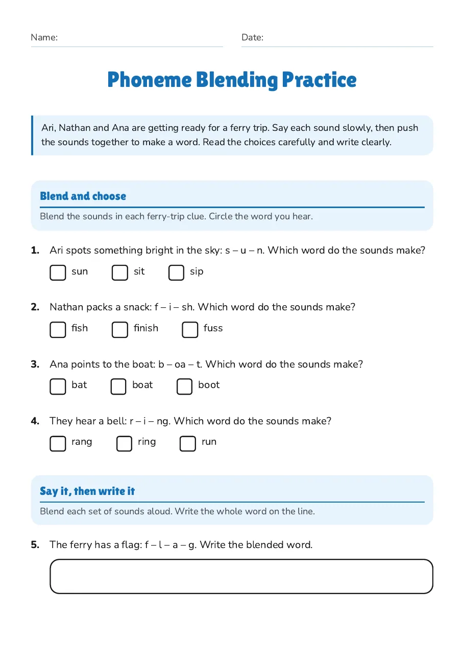 Phoneme Blending Practice, page 1 of 3: Blend and choose, Say it, then write it