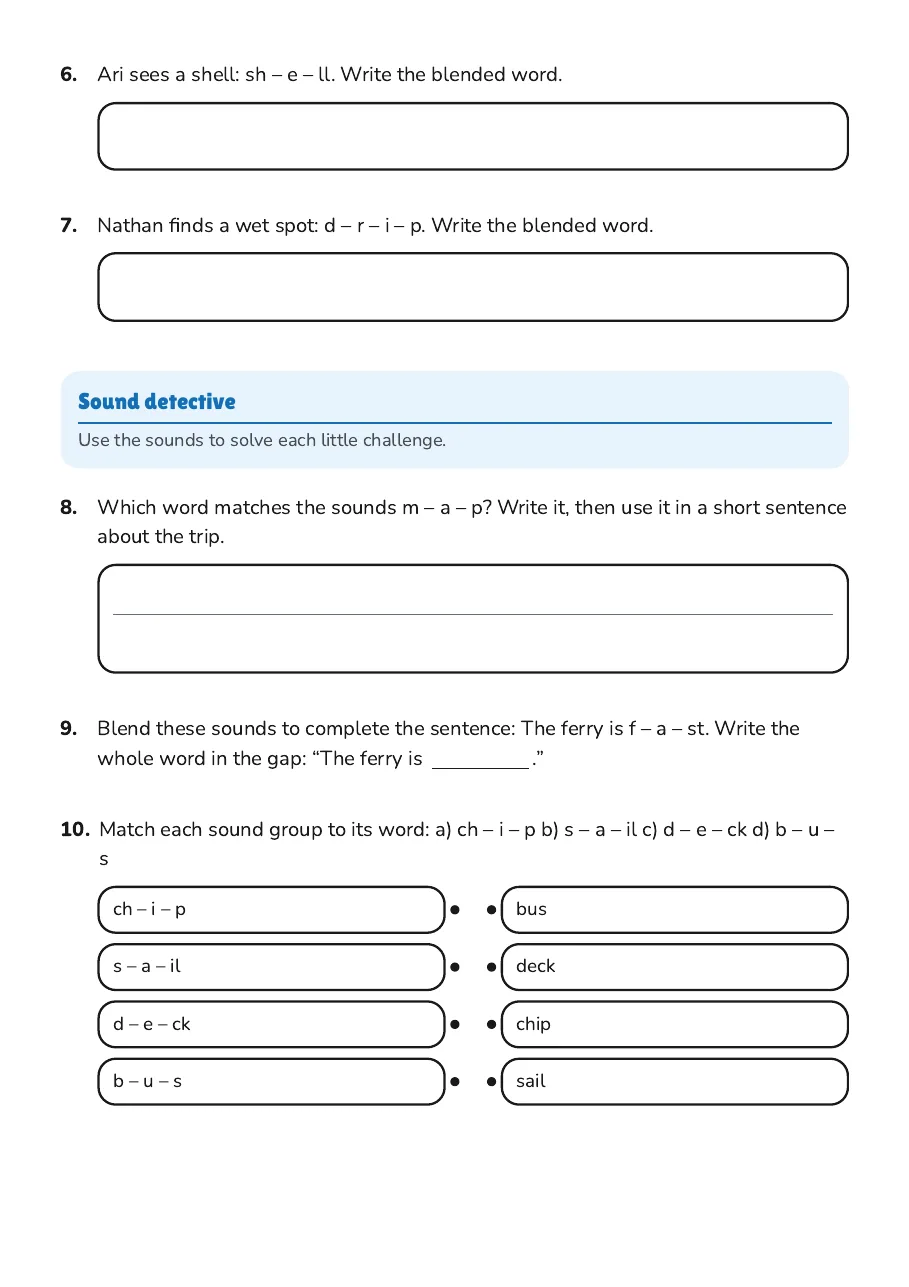 Phoneme Blending Practice, page 2 of 3: Sound detective