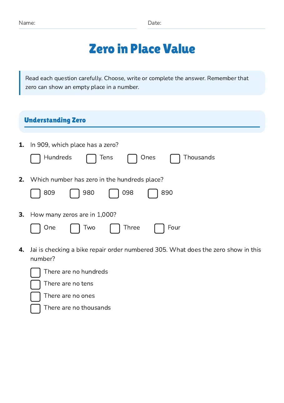 Zero in Place Value, page 1 of 3: Understanding Zero