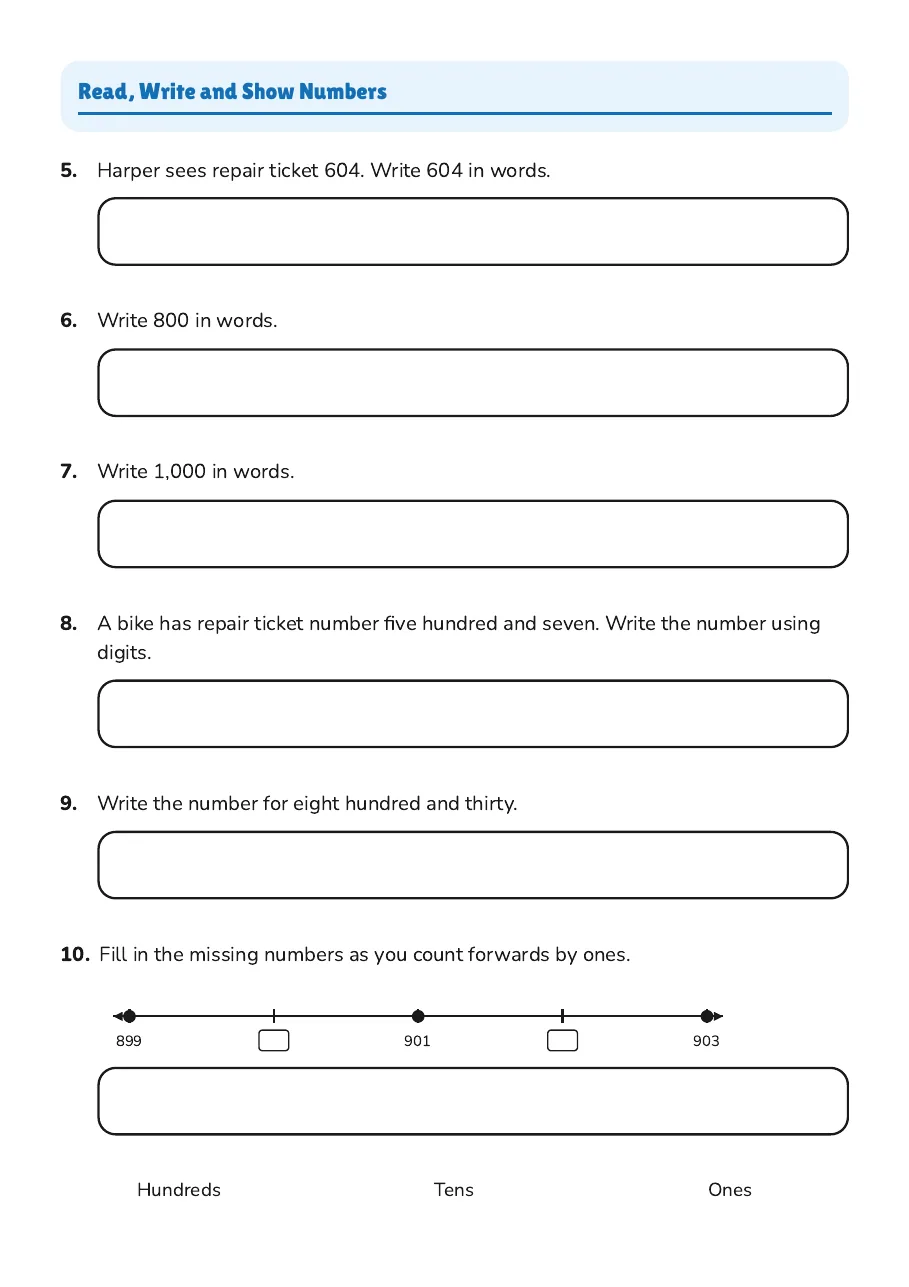 Zero in Place Value, page 2 of 3: Read, Write and Show Numbers