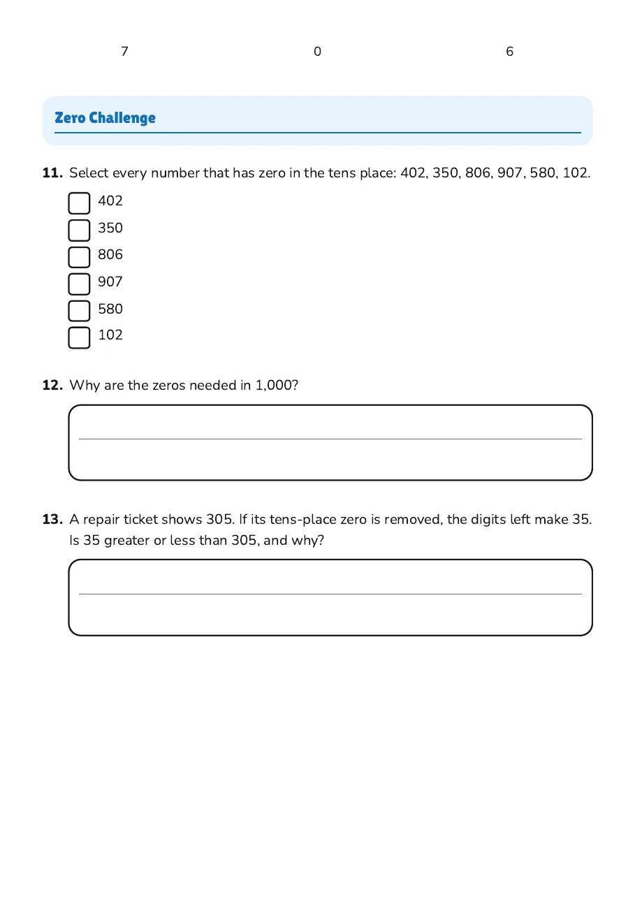 Zero in Place Value, page 3 of 3: Zero Challenge