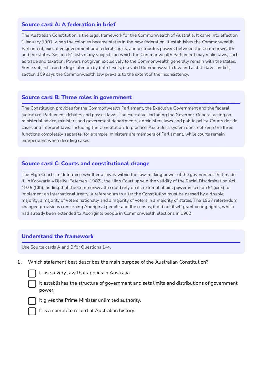 Australian Constitution Fundamentals, page 2 of 4: Source card A: A federation in brief, Source card B: Three roles in government, Source card C: Courts and constitutional change