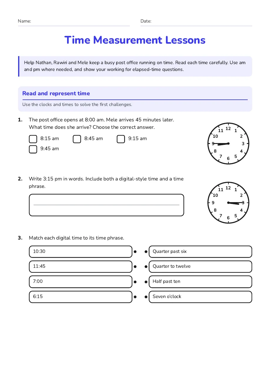 Time Measurement Lessons, page 1 of 3: Read and represent time
