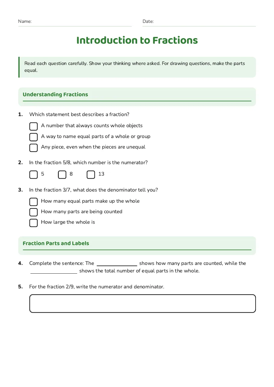 Introduction to Fractions, page 1 of 4: Understanding Fractions, Fraction Parts and Labels